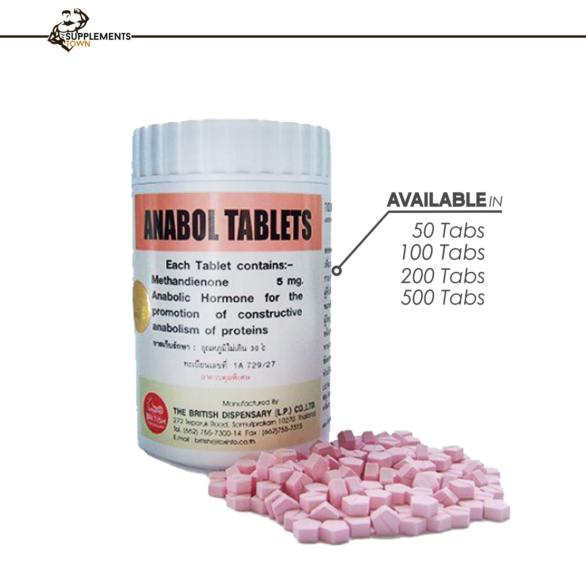Anabol Methadione 5 mg tablets for muscle growth and recovery in various sizes.