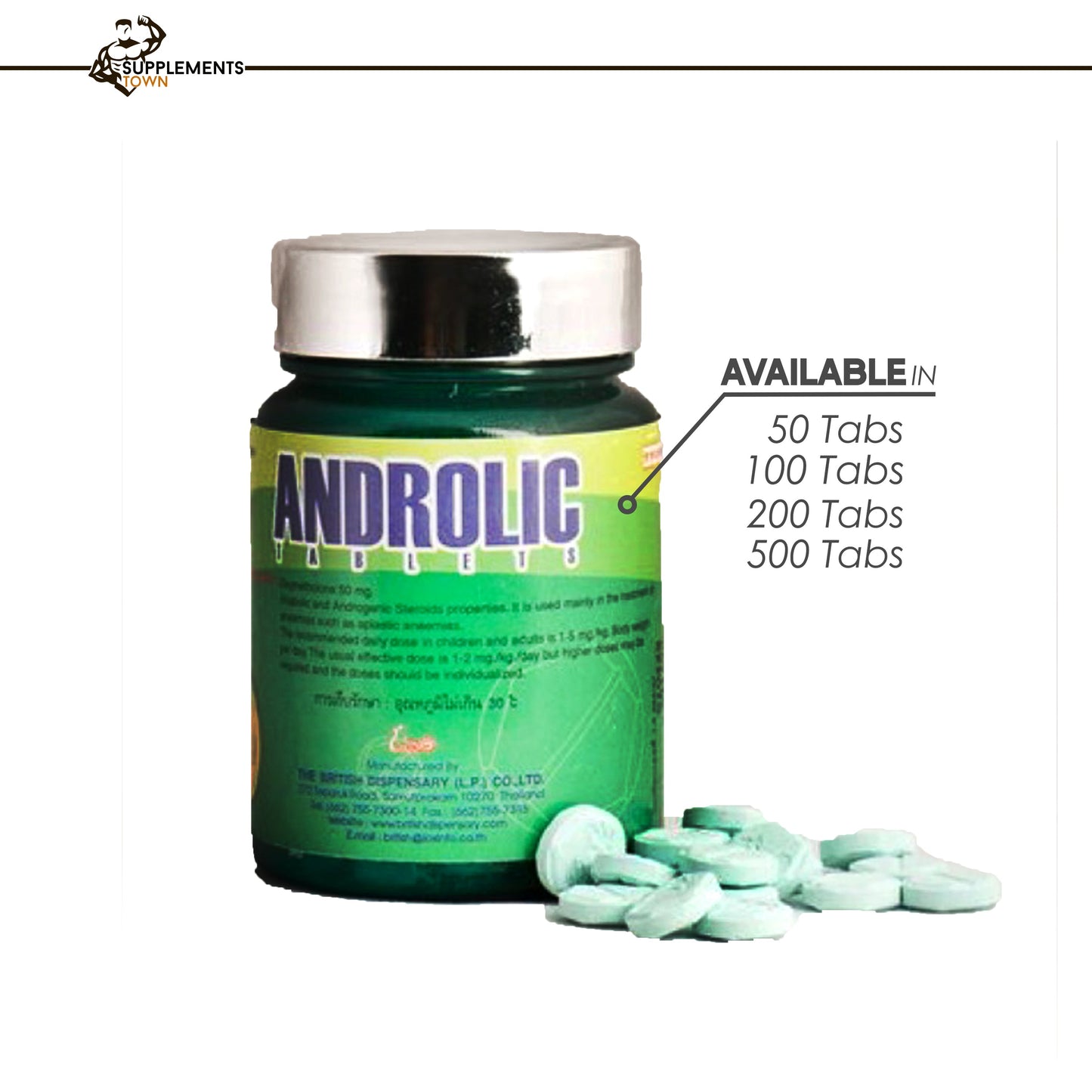 Androlic Tabs supplement bottle with pills, available in multiple quantities.
