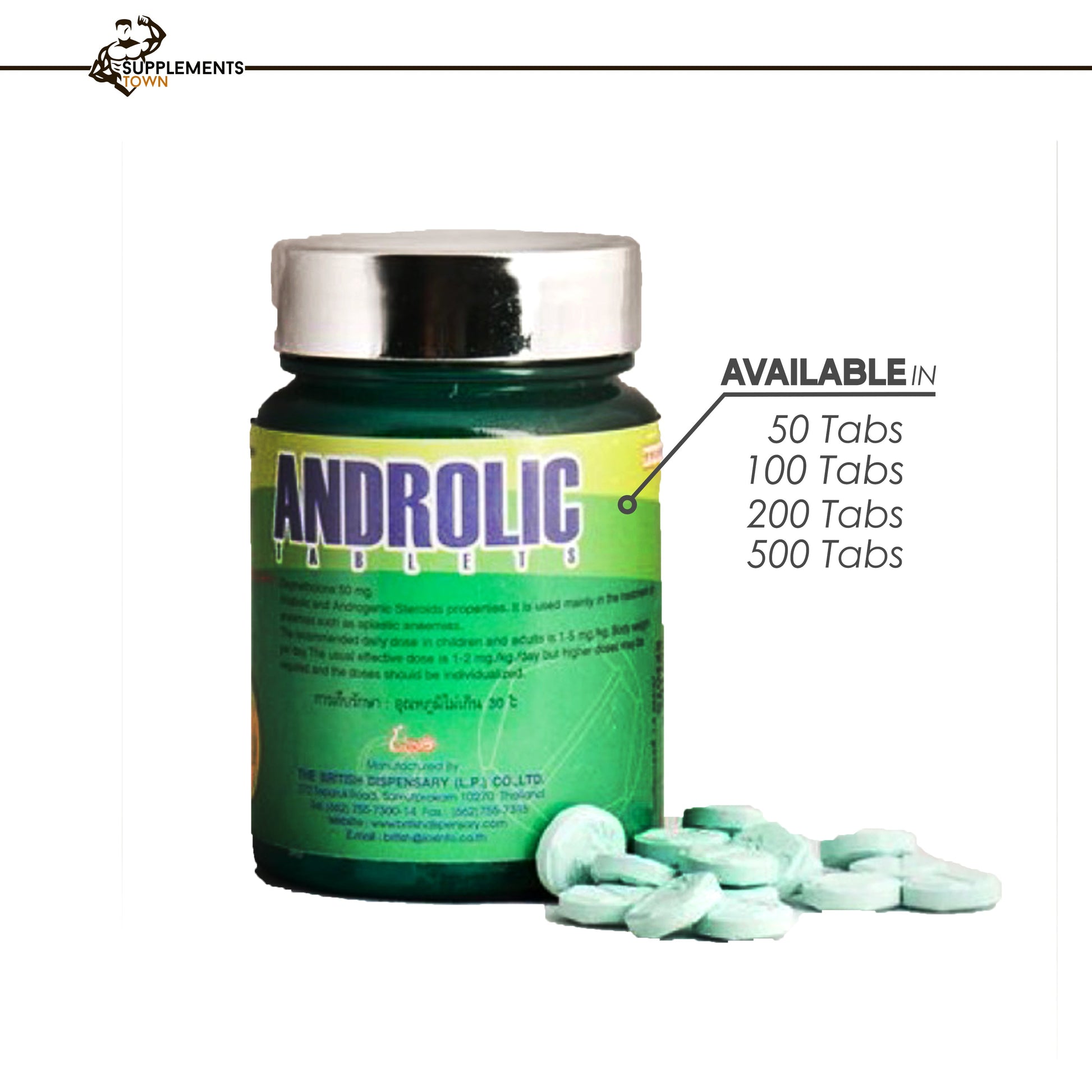 Androlic Tabs supplement bottle with pills, available in multiple quantities.