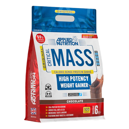 Applied Nutrition Critical Mass protein shake packaging for muscle growth and recovery.