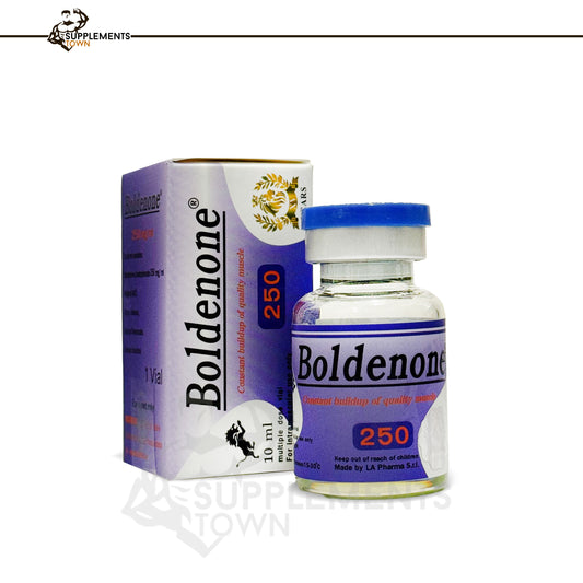 Boldenone 10ml - 250mg vial and packaging by LA Pharma for athletic performance and muscle gain.