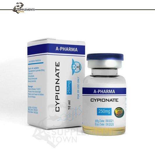 Cypionate 10ml/250mg testosterone supplement by A Pharma for bodybuilding and athletic performance.