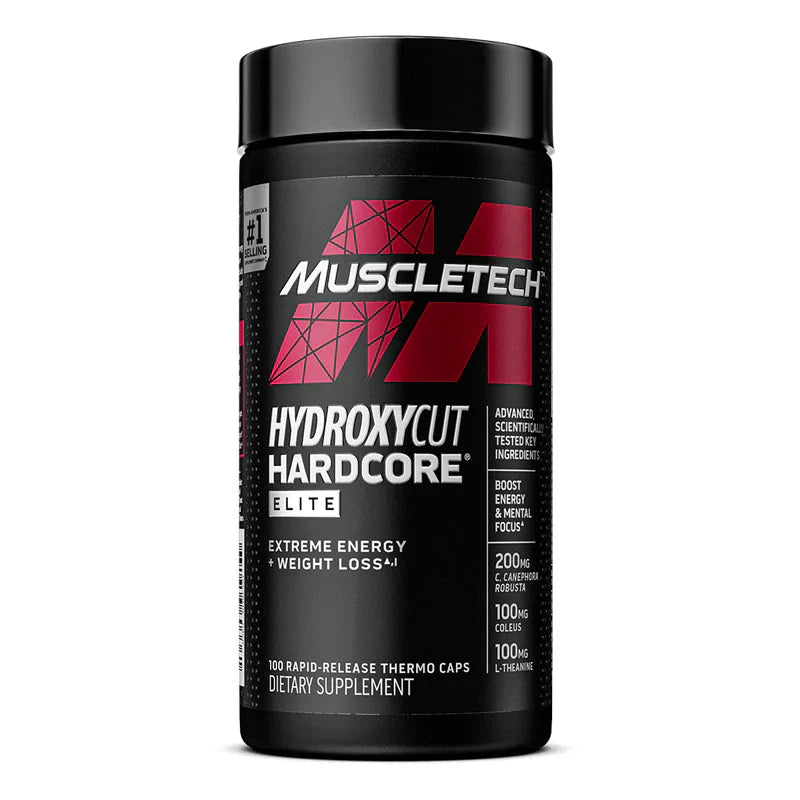 Muscletech Hydroxycut Hardcore Elite weight loss supplement, 100 capsules bottle.