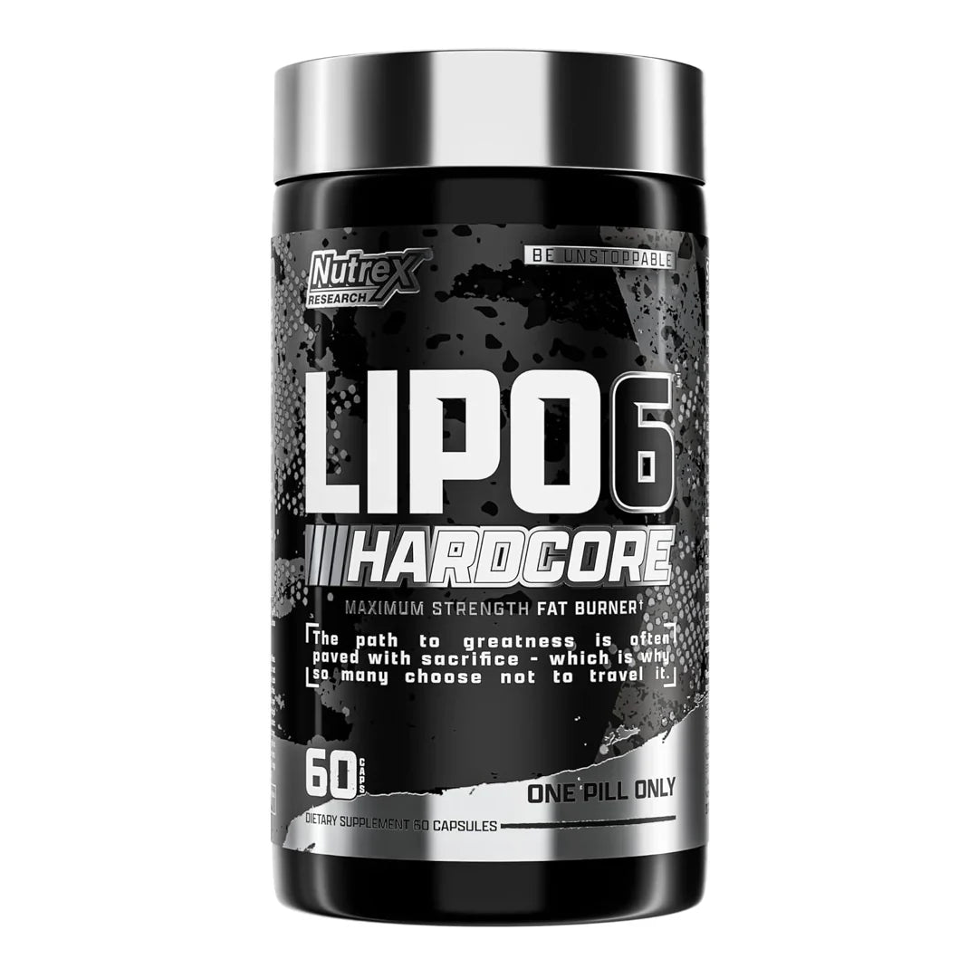 LIPO 6 Hardcore supplement bottle containing 60 capsules for weight loss support.