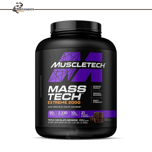Muscletech Mass Tech Extreme 2000 supplement for muscle growth, available in 6lbs and 20lbs.
