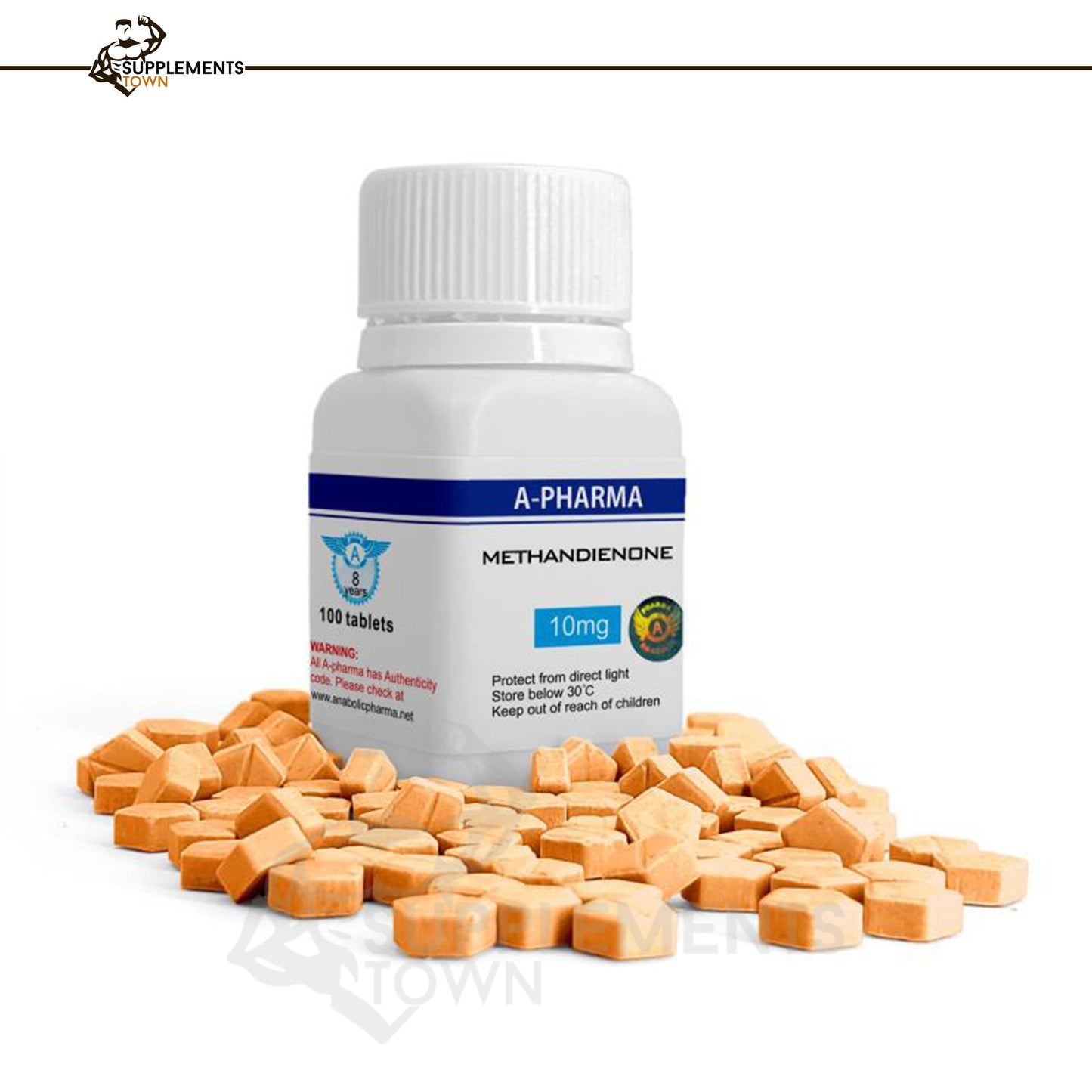 Apharma Methandienone 10mg tablets in plastic bottle for muscle strength enhancement.