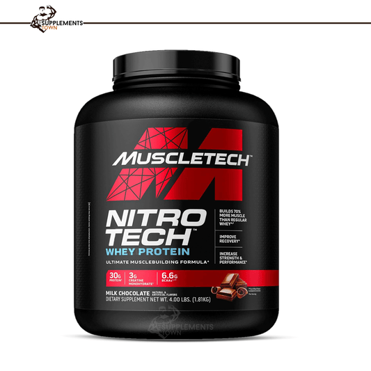 Muscletech Nitro Tech 4lbs whey protein powder for muscle growth and recovery.