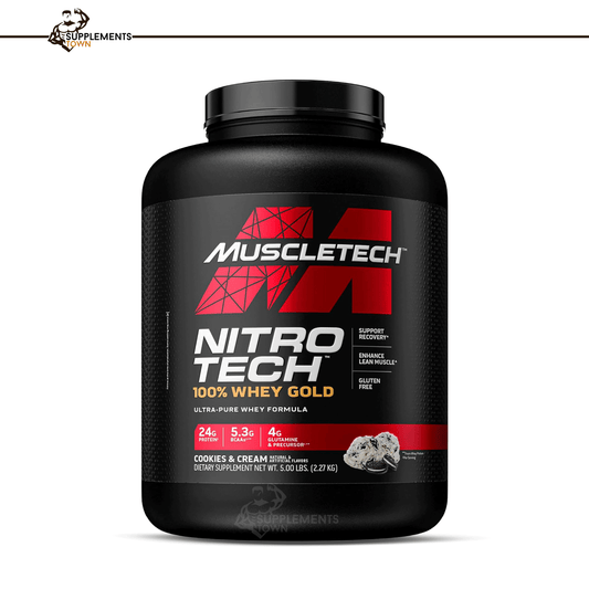 Muscletech Nitro Tech 100% Whey Gold protein powder 5lbs container.