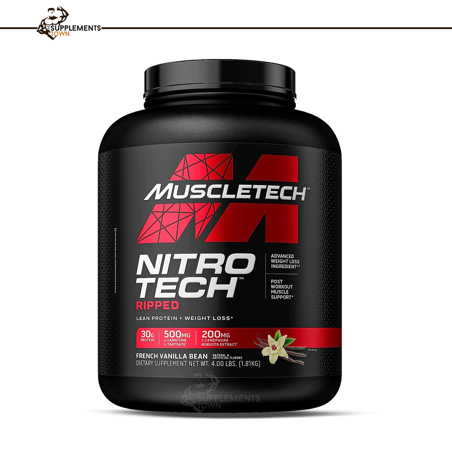 Muscletech Nitro Tech Ripped protein powder 4lbs container for lean muscle building and weight loss.