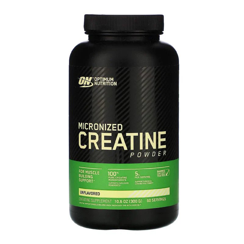 ON Micronized Creatine supplement bottle for muscle strength and recovery.