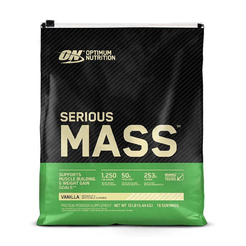 ON Serious Mass 12 LBS supplement package for muscle gain and calorie intake.