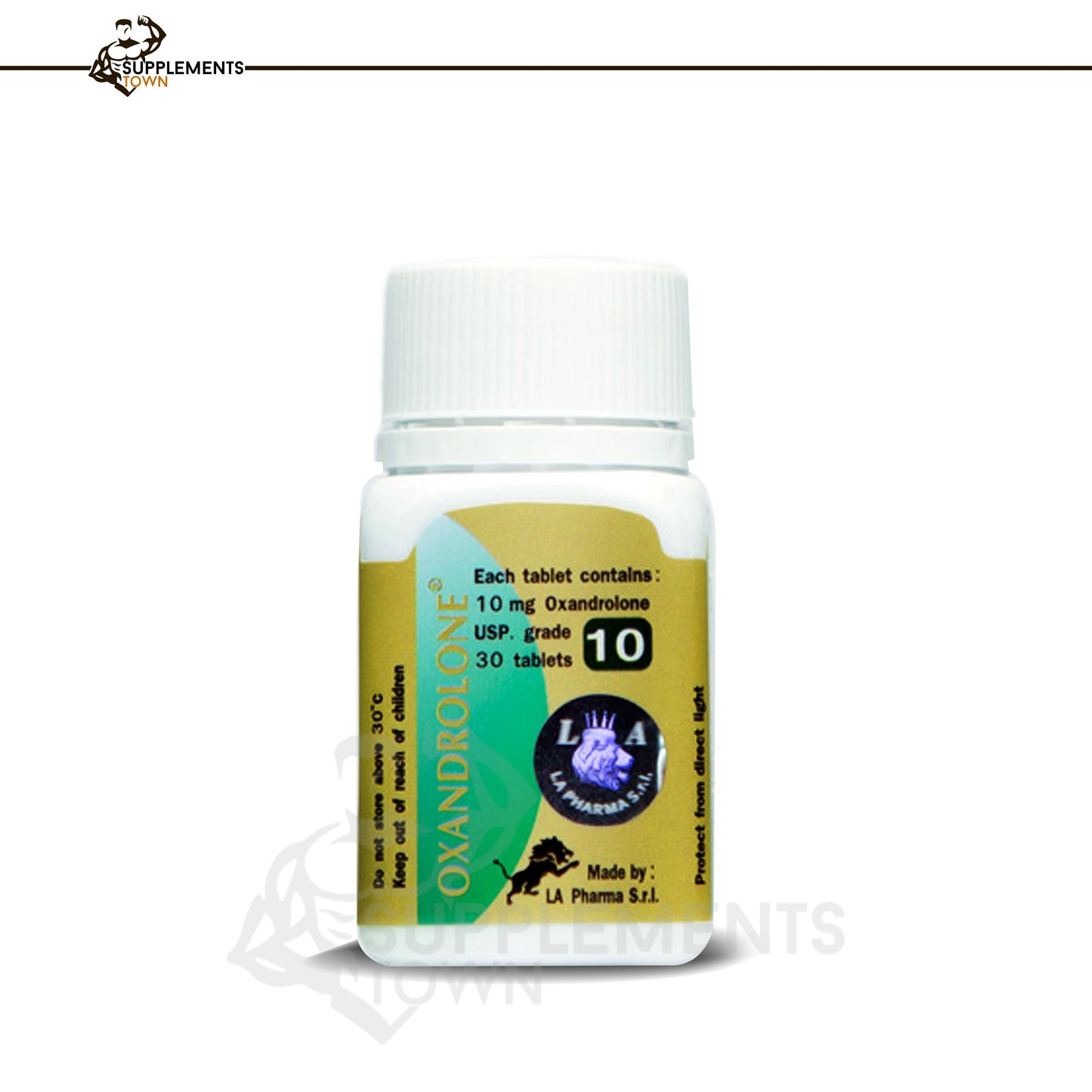 Oxandrolone LA Pharma 10mg 30 tablets bottle with label detail.