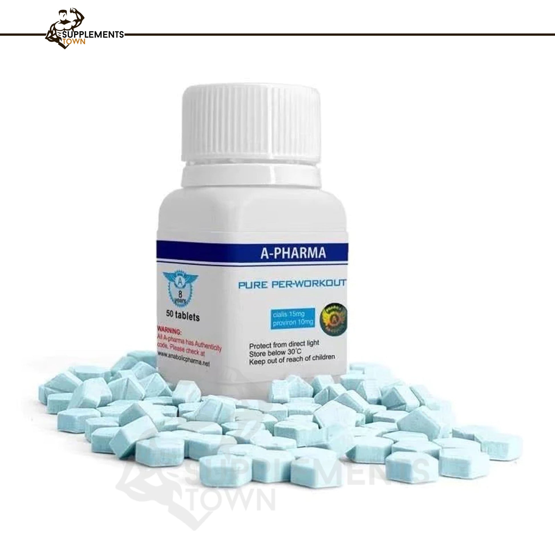 A Pharma Pure Pre-Workout supplement bottle with blue tablets, featuring a 15mg Cialis and 10mg Proviron formula for enhanced blood flow and muscle definition.