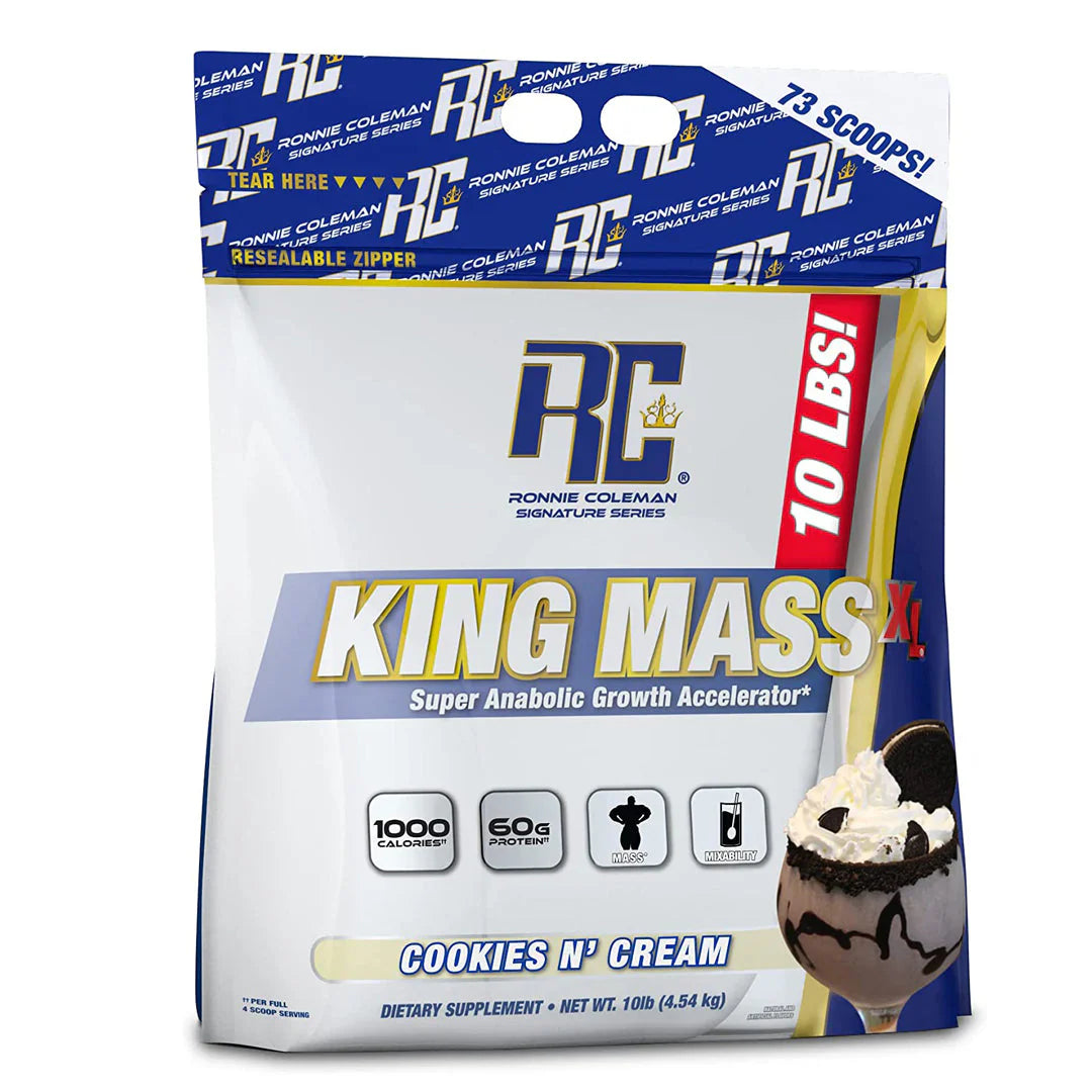Bag of RC King Mass - 10 lbs weight gainer with 60g protein and 1000+ calories per serving.