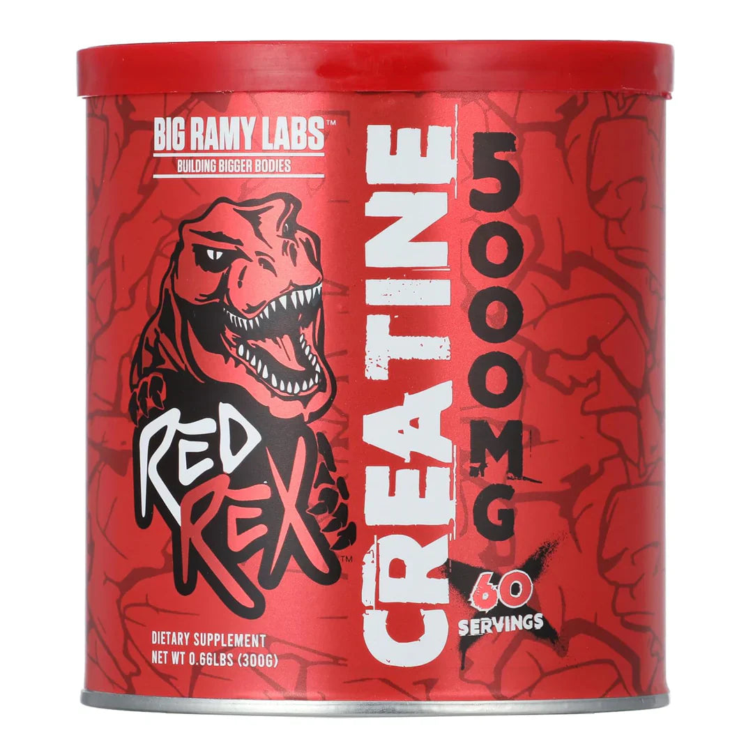 Red Rex Creatine 5000 mg container with 60 servings by Big Ramy Labs.