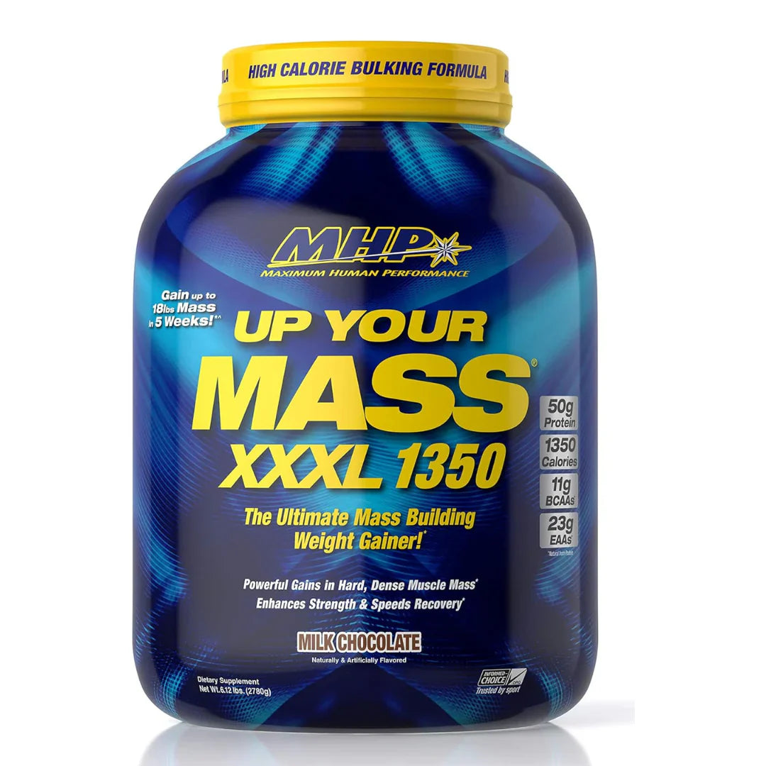 MHP Up Your Mass 6lbs weight gainer supplement for muscle growth and recovery.