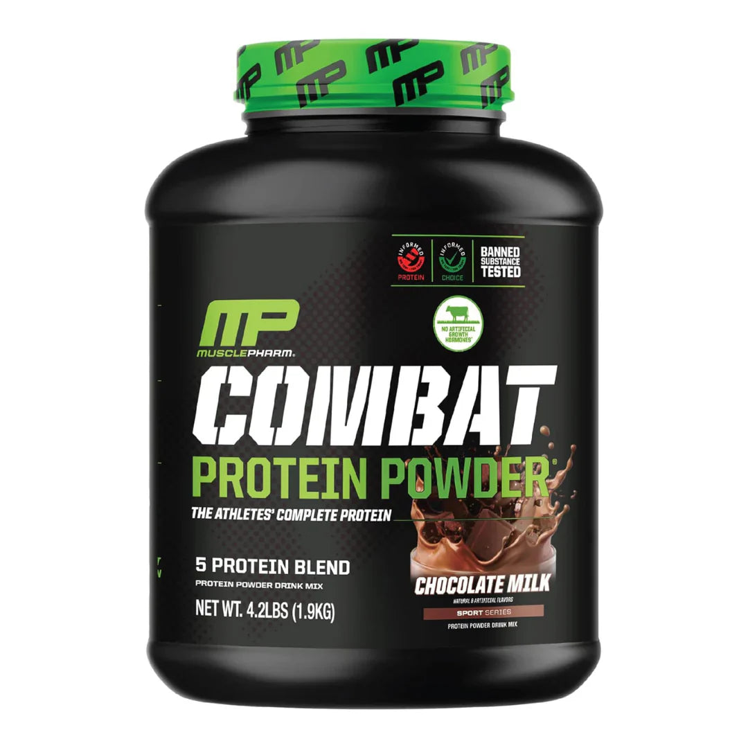 Muscle Pharma Combat Protein Powder jar with chocolate milk flavor for muscle growth.