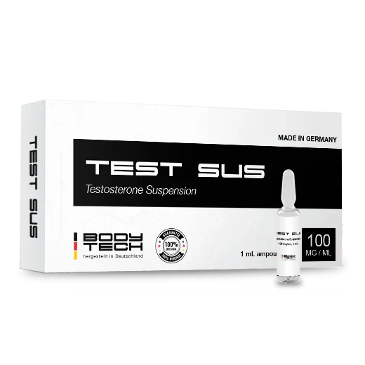 Bodytech Test Sus 100mg testosterone suspension package with ampoule, enhancing muscle growth and performance.