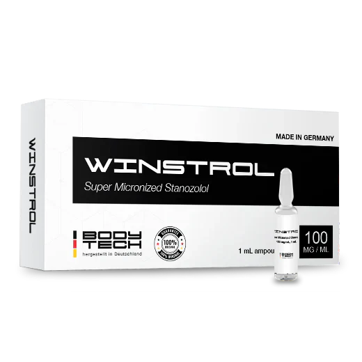 Bodytech Winstrol 100mg package featuring super micronized Stanozolol with ampoule.