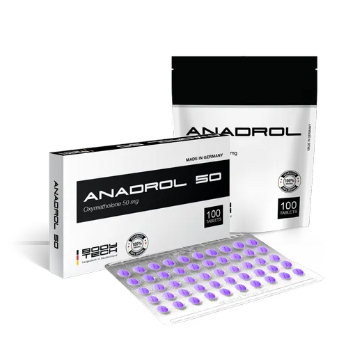 Bodytech Anadrol 50mg packaging and tablets for muscle growth and strength enhancement.