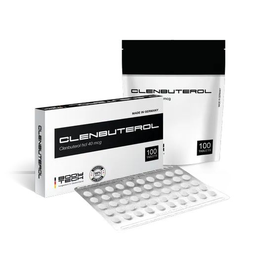 Bodytech Clenbuterol 40mcg tablets packaging with blister pack, designed for weight loss and muscle building.