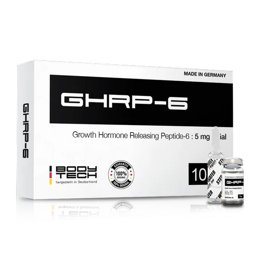 Bodytech GHRP-6 packaging showcasing growth hormone releasing peptide benefits for muscle growth.