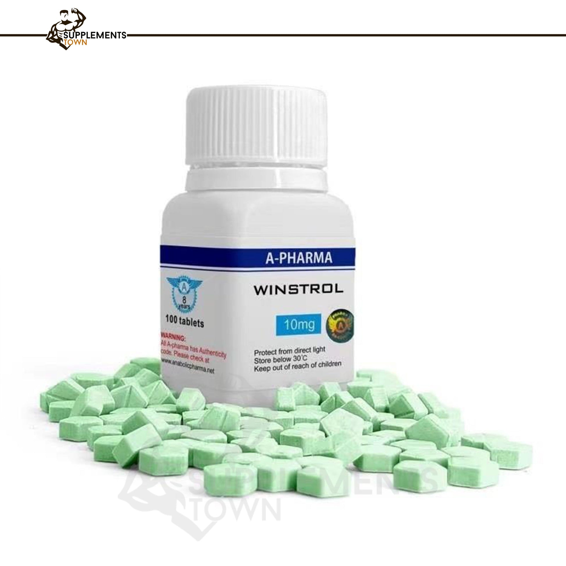 Winstrol 10 mg tablets by Apharma; bottle with 100 tablets displayed.