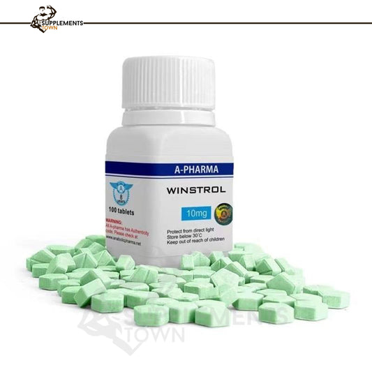 Winstrol 10 mg tablets by Apharma; bottle with 100 tablets displayed.