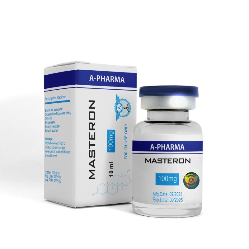 Masteron 10ml/100mg by Apharma vial and box packaging.